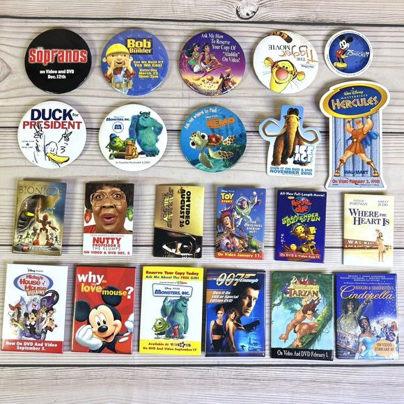 VTG Movie Release Promo Button Pin Lot 22 Mixed 90s Disney Mickey Monsters DVD - Picture 12 of 12